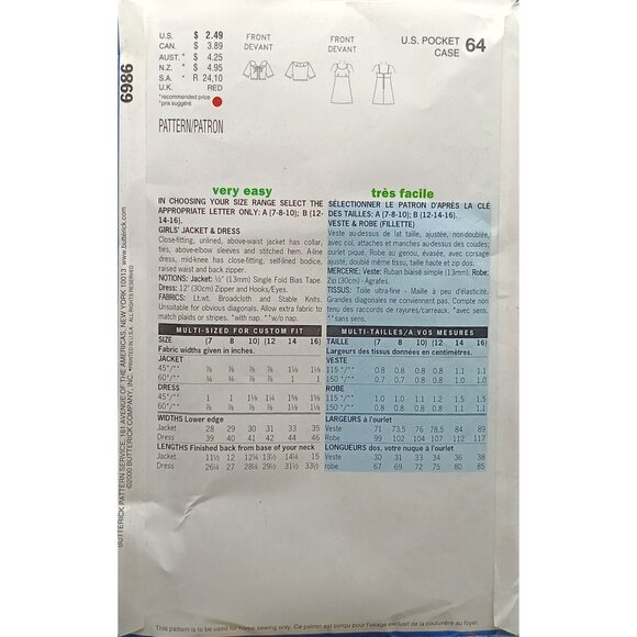 Vintage See & Sew 6986 Sewing Pattern For Girls Dress & Jacket Sizes 7-10 Uncut - Picture 2 of 2